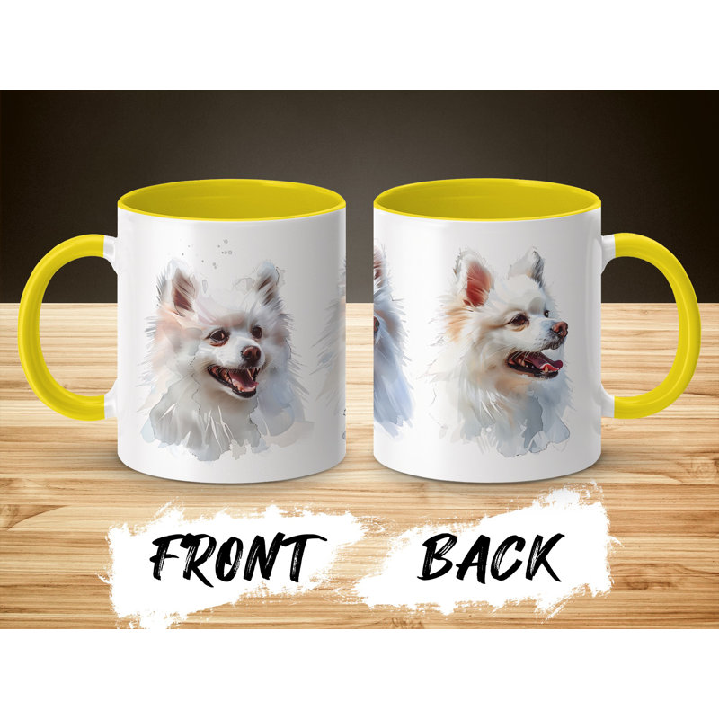 11oz Watercolour White Pomeranian Design Coffee Mug, 2, Yellow