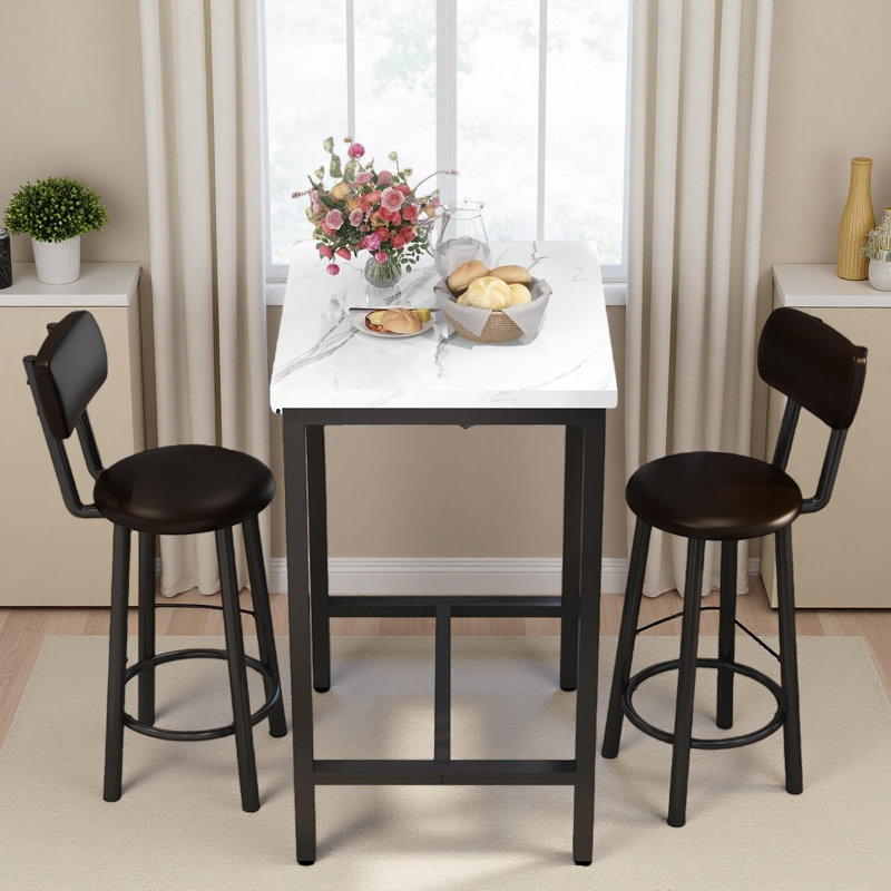 Ensemble de salle à manger industriel haut, table de pub compacte 3 pièces avec 2 tabourets confortables, options de marbre et de bois rustique pour studio et café