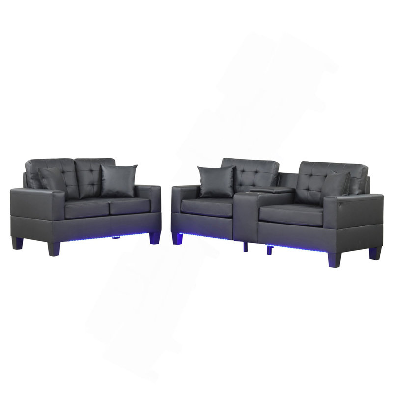 Canapé rembourré en PVC avec lumières DEL et console de rangement, noir, 4