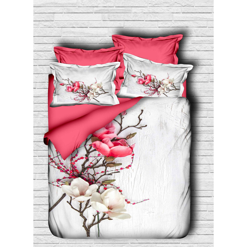 Ensemble de housse de courtepointe simple de haute qualité, rose et blanc | Tige 100% microsatine de polyester et dessous 100% coton | Housse de couette 63 x 87, drap plat 63 x 94, 2 taies d'oreiller 20 x 28 | Fermeture à glissière, lavable à la machine, impression élégante en 3D