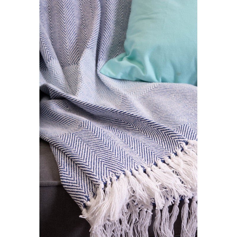 Mint and White Cotton Striped Throw Blanket with Fringe