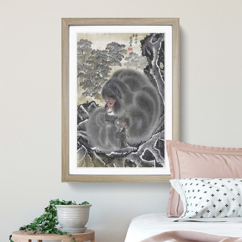 Monkeys by Kawanabe Kyosai - Picture Frame Painting Print, 36cm H x 27cm W x 2cm D, Oak Framed