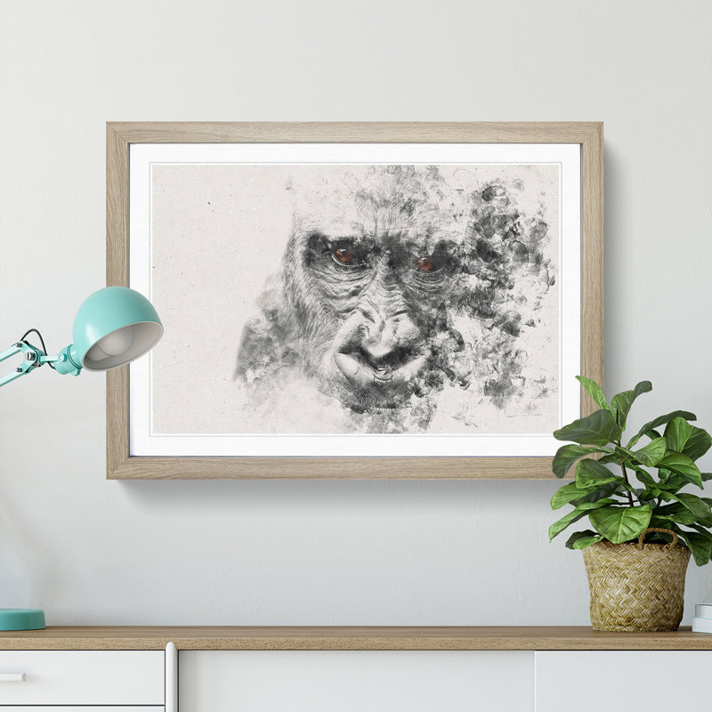Gorilla with Brown Eyes - Picture Frame Painting Print on MDF, Oak Framed, 36cm H x 48cm W x 2cm D