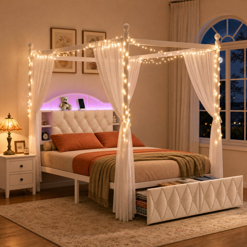 Lit à baldaquin en velours avec lumière DEL et port USB, structure de lit plateforme avec tête de lit et tiroirs de rangement