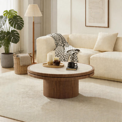 35.43" Round Coffee Table with Sintered Stone Top & Sturdy MDF Pedestal Base, Modern Accent Table for Living Room, Bedroom & Reception Room, Easy Assembly