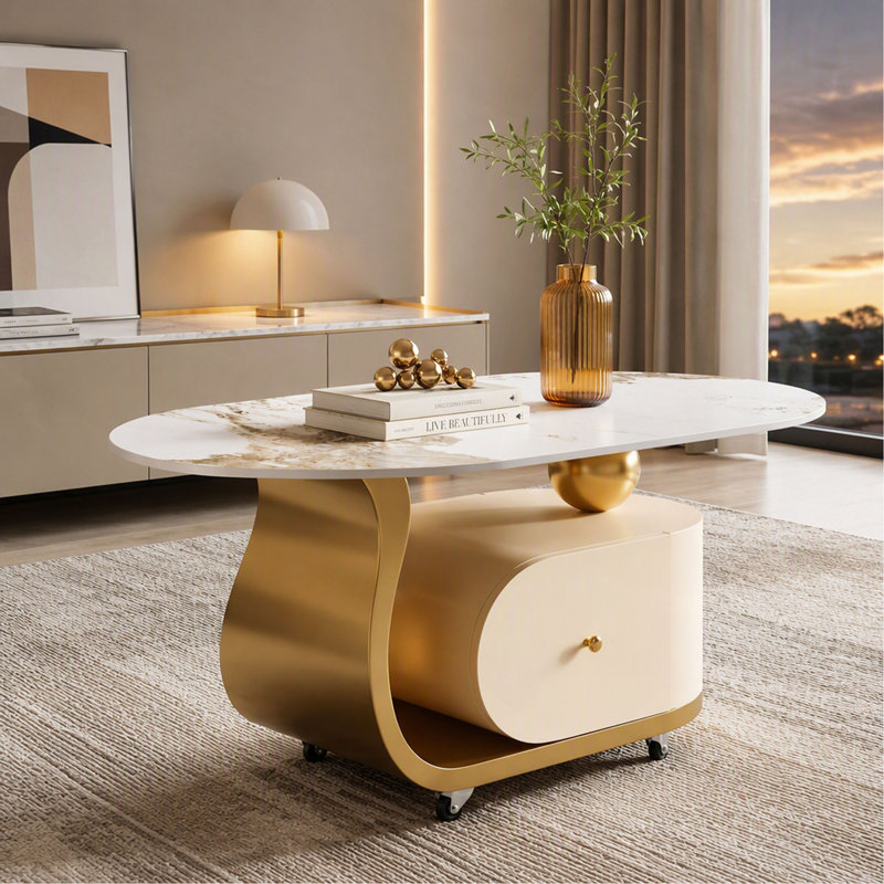 Table basse en pierre frittée de 39,4 po avec tiroir, base en acier inoxydable et 4 roulettes verrouillables, table de bout ovale mobile moderne pour le salon, assemblage facile ()