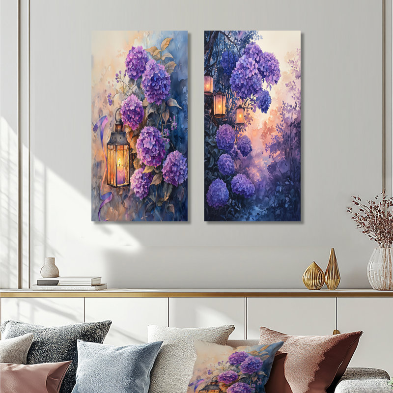 «Hortensia campagne et lumière», ensemble de 2 impressions murales florales en métal, 40" H x 40" W