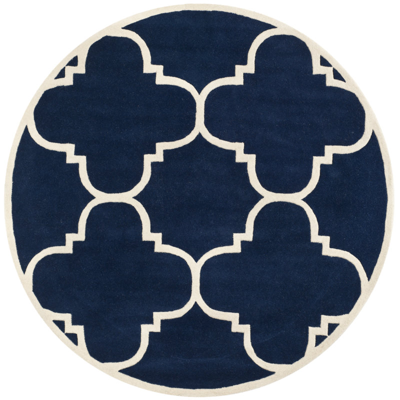 Carolene Geometric Handmade Tufted Wool Dark Blue/Ivory Area Rug, Round 7'