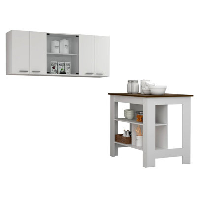 Briargate 2-Piece Kitchen Set, Kitchen Island And Wall Cabinet, White And Walnut