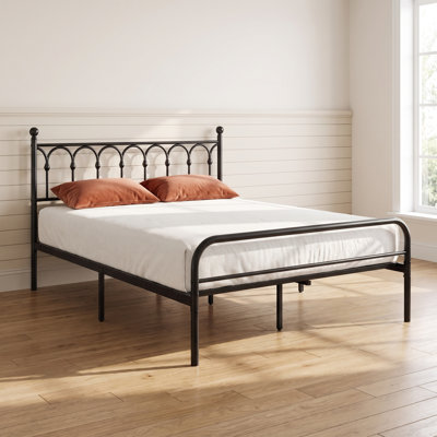 Queen Black Iron Platform Bed Frame with Spherical Headboard, Adjustable Feet and Underbed Storage