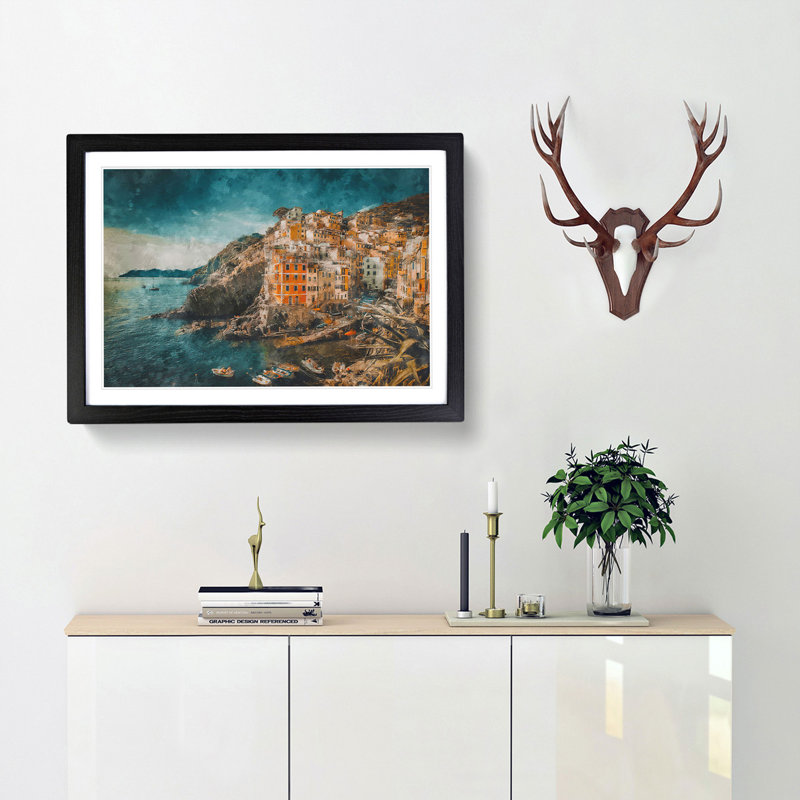 Riomaggiore Cinque Terre in Italy - Picture Frame Painting Print, Black Framed, 33cm H x 45cm W x 2cm D