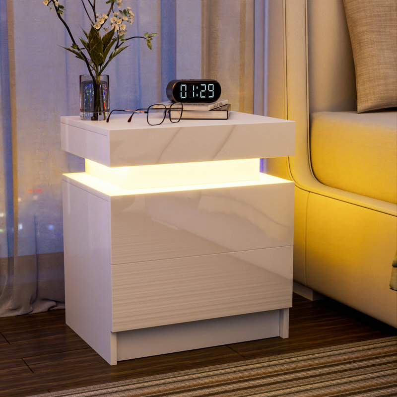 2 - Drawer Nightstand with APP Controlled LED Light and High Gloss Finish, White