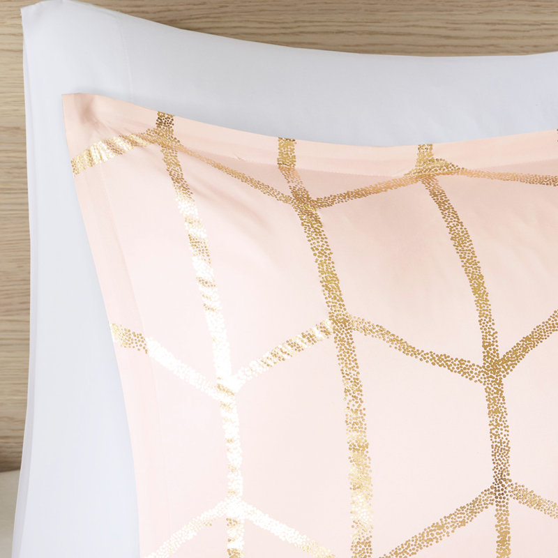 Édredon double / grand avec imprimé géométrique doré métallique sur fond rosé contemporain avec coussins, Rosé / doré