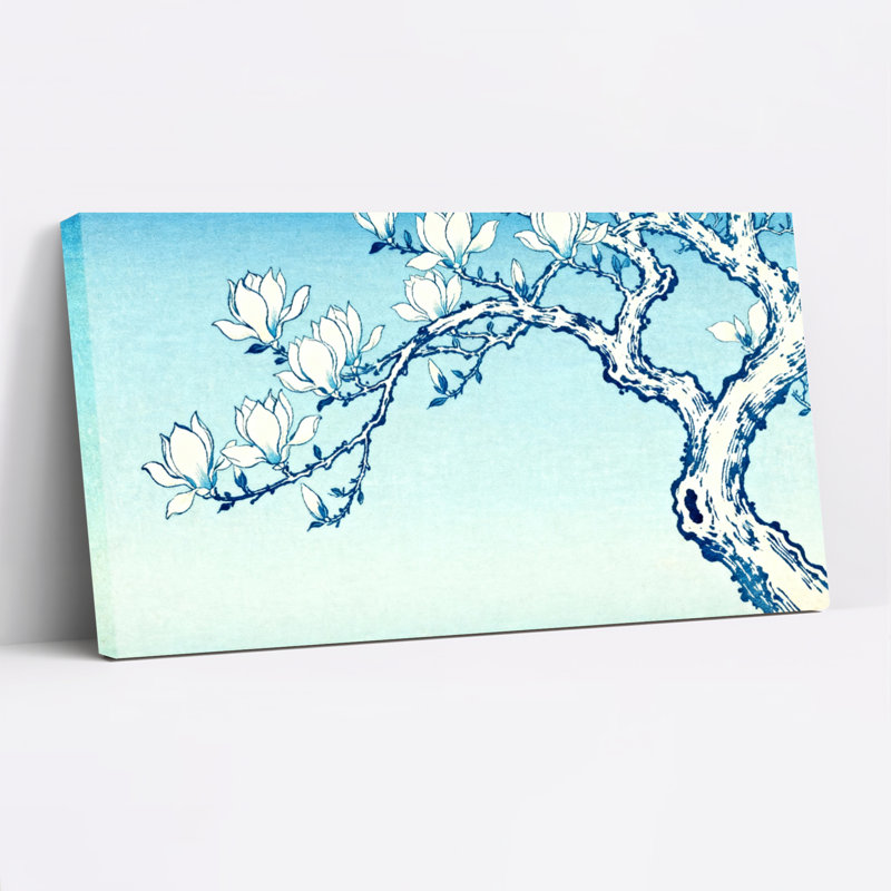 Ensemble de 1 tableau sur toile représentant une branche de magnolia bleu et blanc, H 12 po x l 36 po