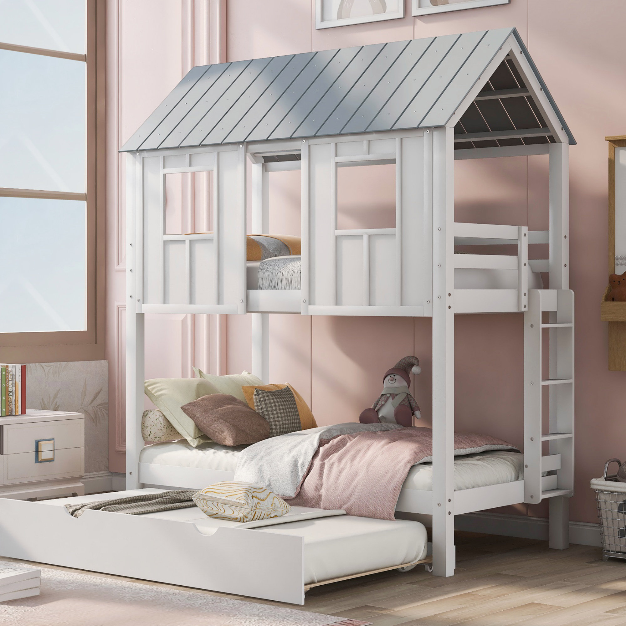 Harper Orchard House Bunk Bed With Trundle,Roof And Windows (Bed ...