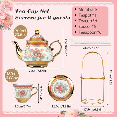 British Vintage Rose Pattern Glazed Ceramic Tea Set, 23.6 oz Teapot, 6.8 oz Cups
