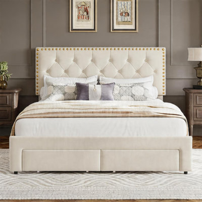 Beige Full Size Bed Frame with 2 Storage Drawers – Velvet Upholstered, Button Tufted, Noise Free, No Box Spring Needed