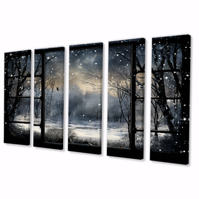 Midnight Gothic Winter Window View I - Winter Landscape 5 Piece Wall Art Decor Set
