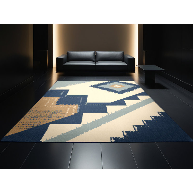 Tapis beige lavable à la machine à motif d'inspiration mondiale Penola, 7 x 9
