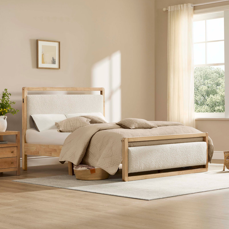 Modern Solid Wood Boucle Upholstered Bed Frame With USB, Oat, Queen