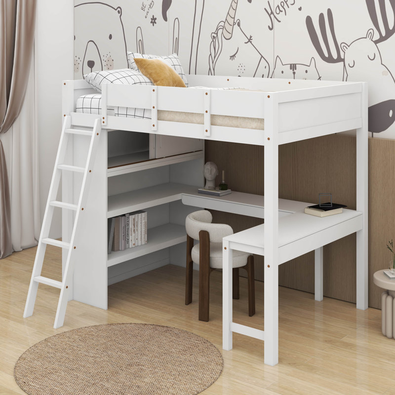 Lit mezzanine double avec bureau et tablette, Blanc