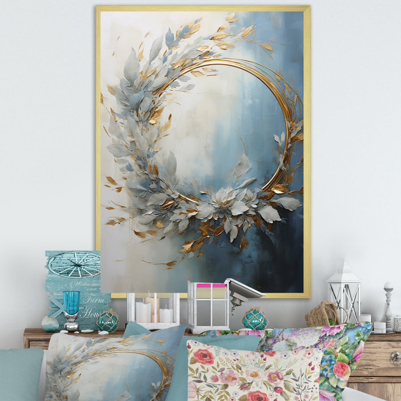 Décoration murale couronne bleue et dorée II - couronne, Cadre doré simple, H 32 po x l 24 po