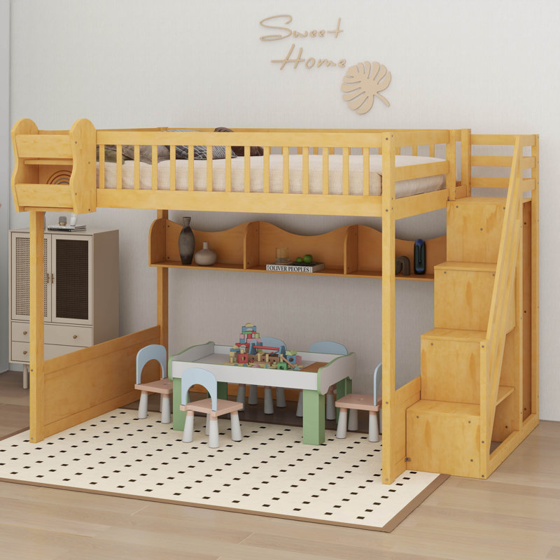 Grand lit mezzanine en bois avec garde-robe et escalier, tablettes de rangement, lit superposé multifonctionnel, Natural