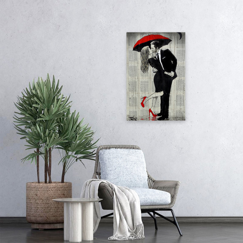 Kissing Rain, rétro, transitionnel, contemporain, technique mixte, illustration, H 24 po x l 16 po