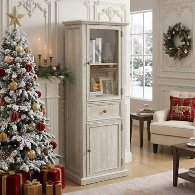  65" Tall Bookcase with Tempered Glass Door, Elegant Freestanding Display Cabinet with Drawer, Modern Wooden Kitchen Pantry Storage Cabinets for Living Room/Office