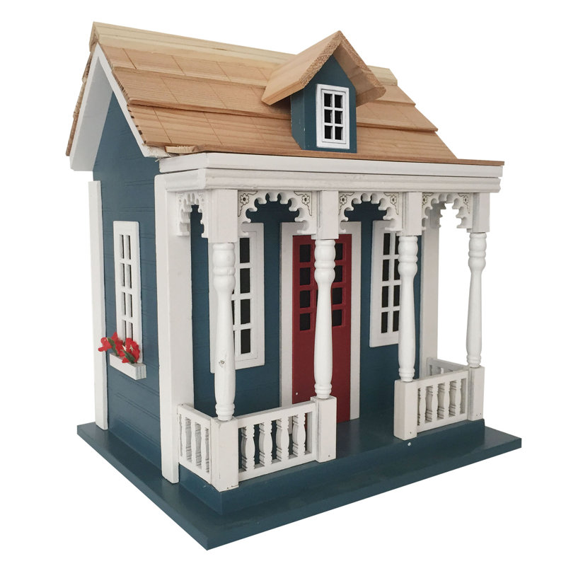Blue and Red Coastal Cottage Bird House with White Trim