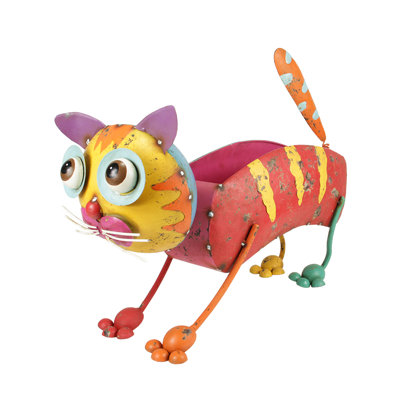 17.5" Bright Yellow and Red Distressed Finished Cat Outdoor Garden Planter