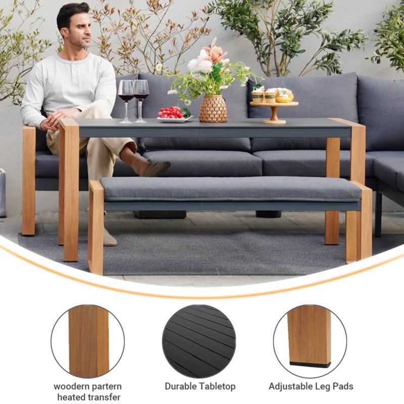 Arunas 6-piece Outdoor Conversation Set with Wood Pattern Cushions & Dining Table