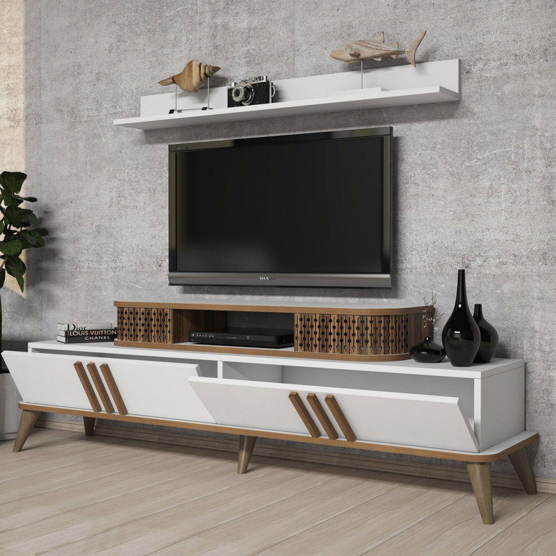 Modern White TV Unit with Wall Shelf & Numerous Shelves, 66.1 x 20.3 x 15.4 inches | 100% Melamine Coated Particle Board, Thickness: 0.7 inches | Stylish & Functional Storage Solution for Living Room & Entertainment Spaces