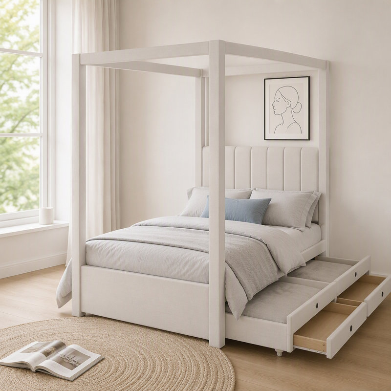 Lit plateforme simple à baldaquin avec lit gigogne et trois tiroirs de rangement, beige, Lit simple, Linen