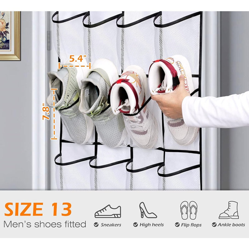 Over The Door Shoe Organizer 24 Large Mesh Pockets, White