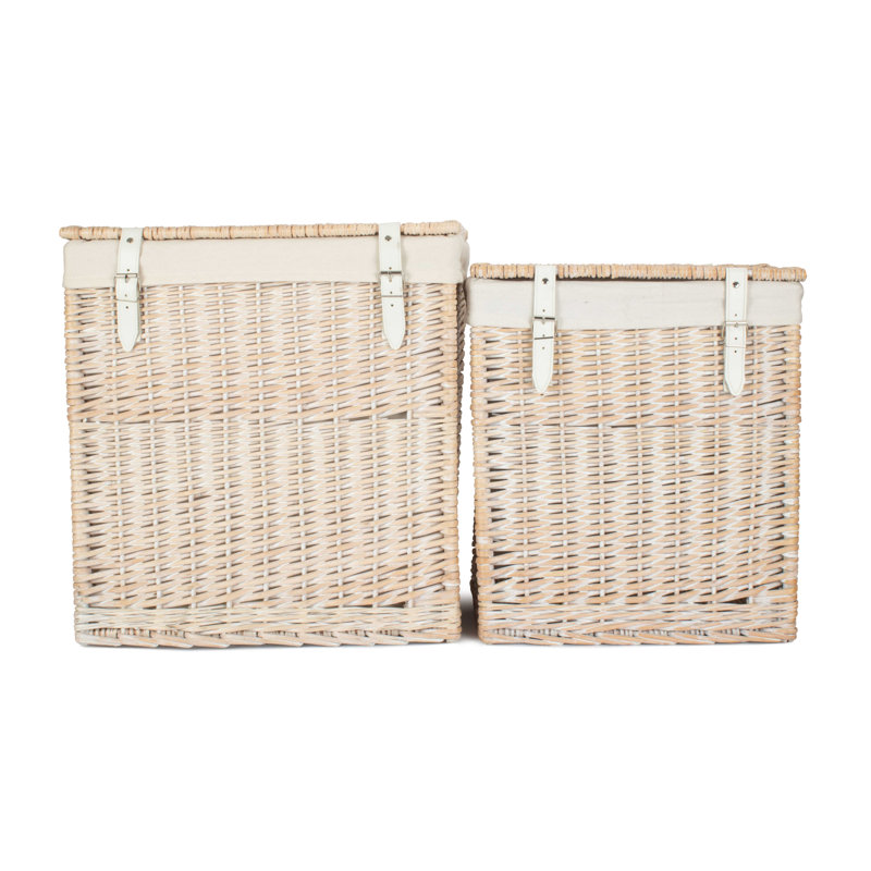 2 Piece Wicker Storage Laundry Hamper Basket Set, White Wash