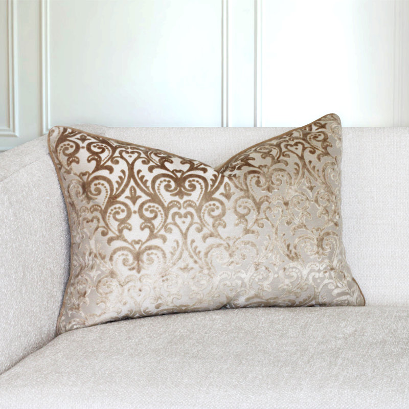 Rectangular Damask Feather Reversible Throw Pillow, Beige