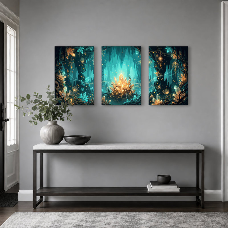 Art mural sur toile en forme de caverne en cristal avec fleurs lumineuses, H 24 po x l 16 po x 3 pièces