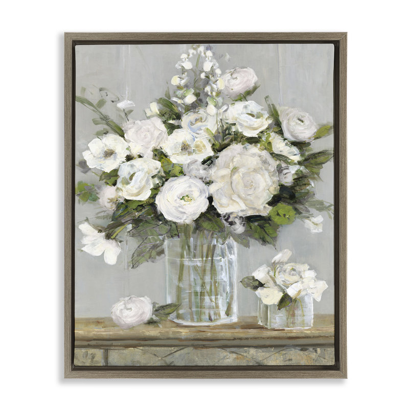 Fleurs blanches champêtre, H 17 po x l 21 po, Cadre flottant brun