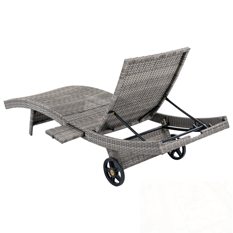 Patio Wicker Chaise Lounge Chairs Set of 2 with Wheels and Side Table, Gray