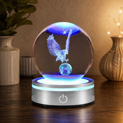 Laser-Engraved Eagle 3D Crystal Ball with LED Light Base, a Distinctive Glass Figurine Nightlight that also serves as Keepsake Decor or a Paperweight; Gift for Best Friend or Eagle Lovers