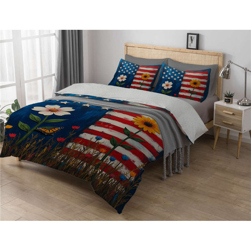US Flag With Flowers Sherpa Comforter Set, Twin
