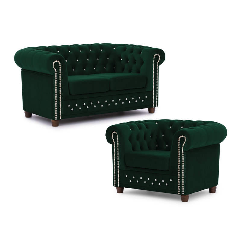 Cleo Blink 2 Piece Velvet Chesterfield Living Room Set, Bottle Green