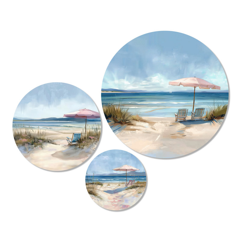 Chaises de plage roses dans un décor de plage I - Green Seascape, art mural en métal 3 pièces