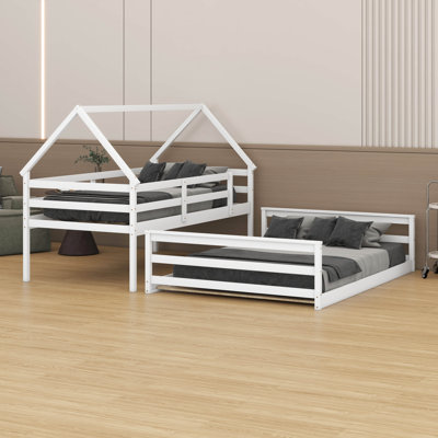Solid Pine Wood Twin Over Full House Bunk Bed With Built In Ladder And Safety Guardrails