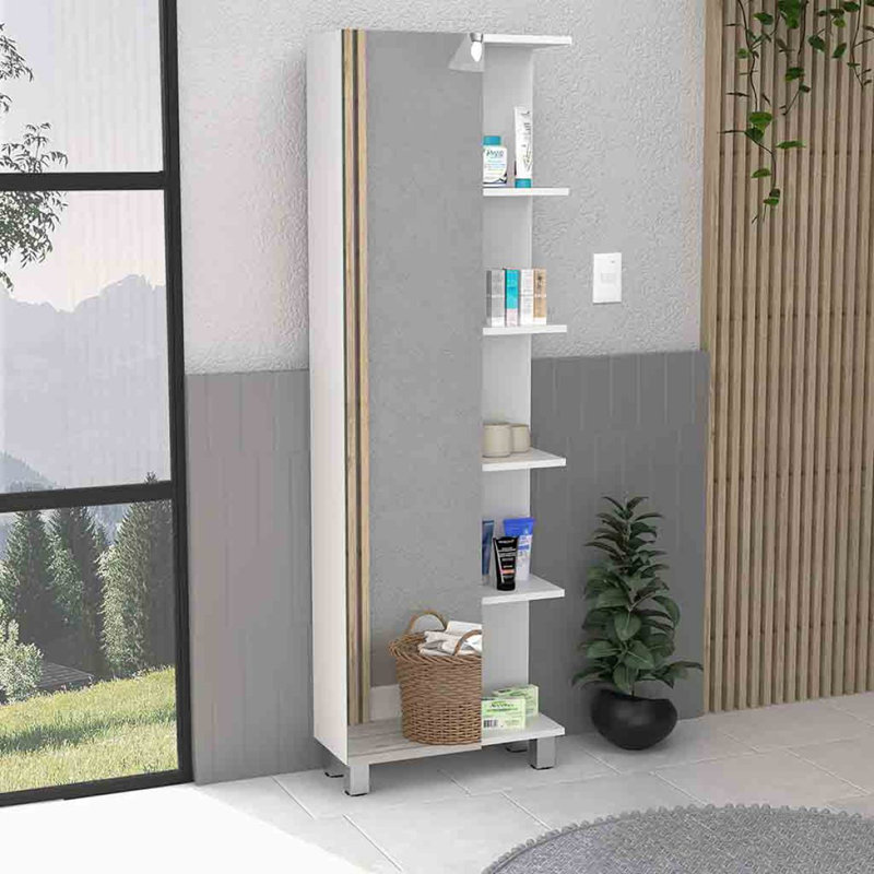 Linen Single Door Cabinet 62" H, Five External Shelves, Four Interior Shelves, White, Matte White