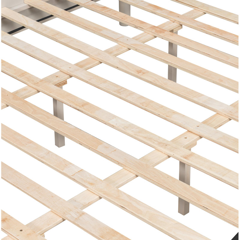 Très grand lit en bois massif, support robuste de 600 lb, aucun sommier tapissier requis, tête de lit tapissier noire avec poignées en métal