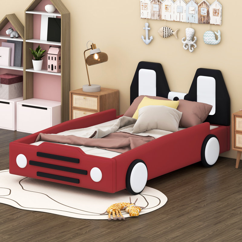Alexjandro Twin Size Race Car-Shaped Platform Bed with Wheels, Red