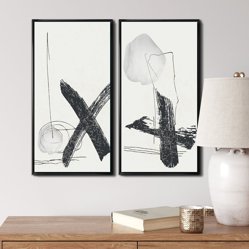 «Trendy Abstracts with Vibrant Organic Shapes VI», ensemble de 2 peintures, H 20 po x l 24 po x P 1 po, Cadre noir