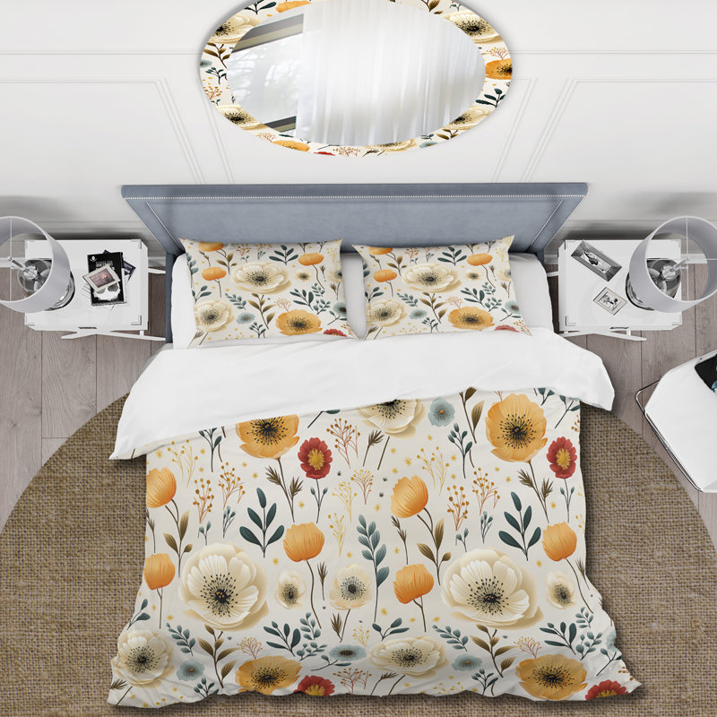 Ensemble de housse de couette floral blanc et jaune Playful Poppy Blossom Radiance - microfibre de polyester